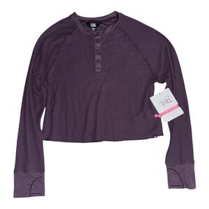 ATHLETA Girls Purple Long Sleeve Black Kickin It Waffle Henley Top, Size Large